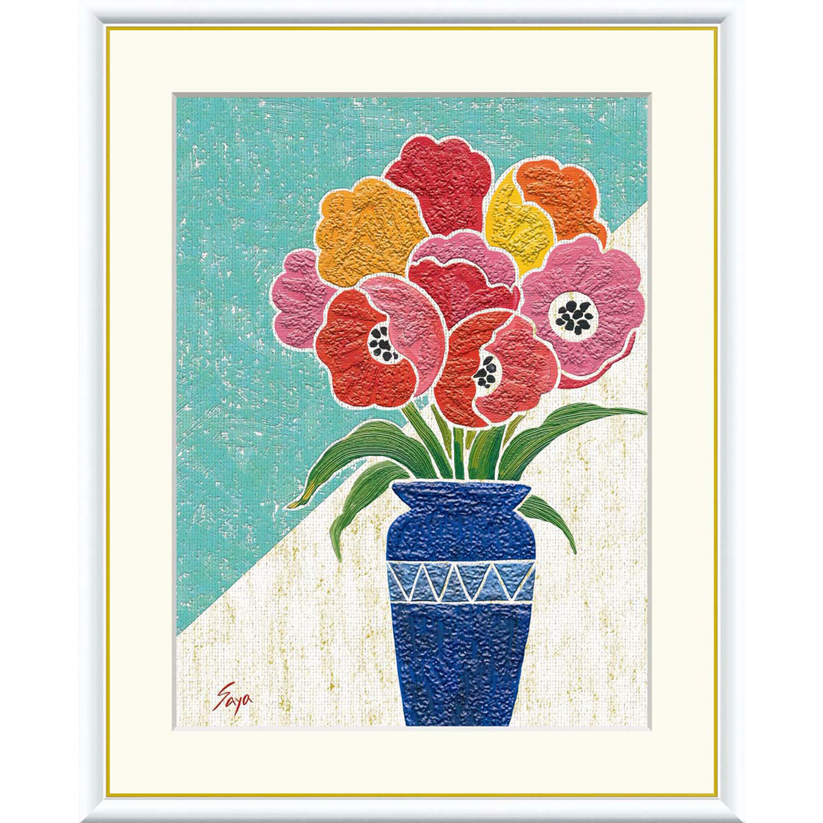 佐藤沙耶 「チューリップ」 F8号（額外寸61ｘ49cm） 高精彩工芸画　額付き　複製画　静物画　風水　開運画　ピンクの花　花言葉は「愛の芽生え」「誠実な愛」