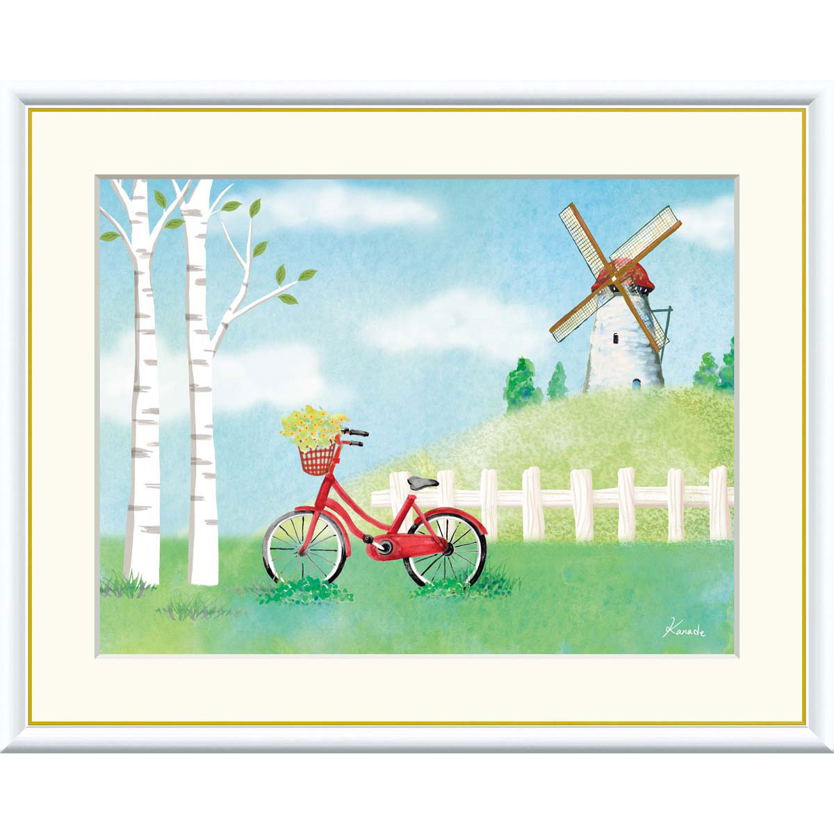 青木奏 「自転車」 F8号（額外寸61ｘ49cm） 高精彩工芸画　額付き　複製画　風景画　おしゃれ　オランダの風車　赤い自転車　白樺｜やまとや画廊