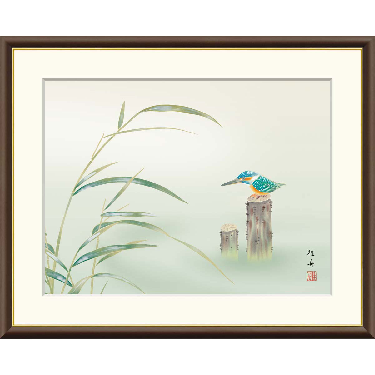 長江桂舟 「翡翠」 F8号（額外寸61ｘ50cm） 高精彩工芸画＋手彩入り　額付き　複製画　風景画　花鳥風月　季節：夏　カワセミ　川蝉　ひすい　夏鳥　J1-A004