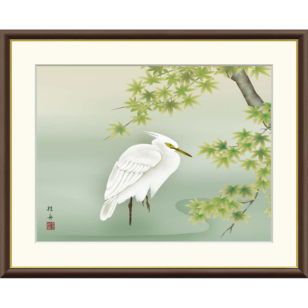 長江桂舟 「楓に白鷺」 F8号（額外寸61ｘ50cm） 高精彩工芸画＋手彩入り　額付き　複製画　風景画　花鳥風月　季節：夏　かえで　夏鳥　シラサギ　J1-A010