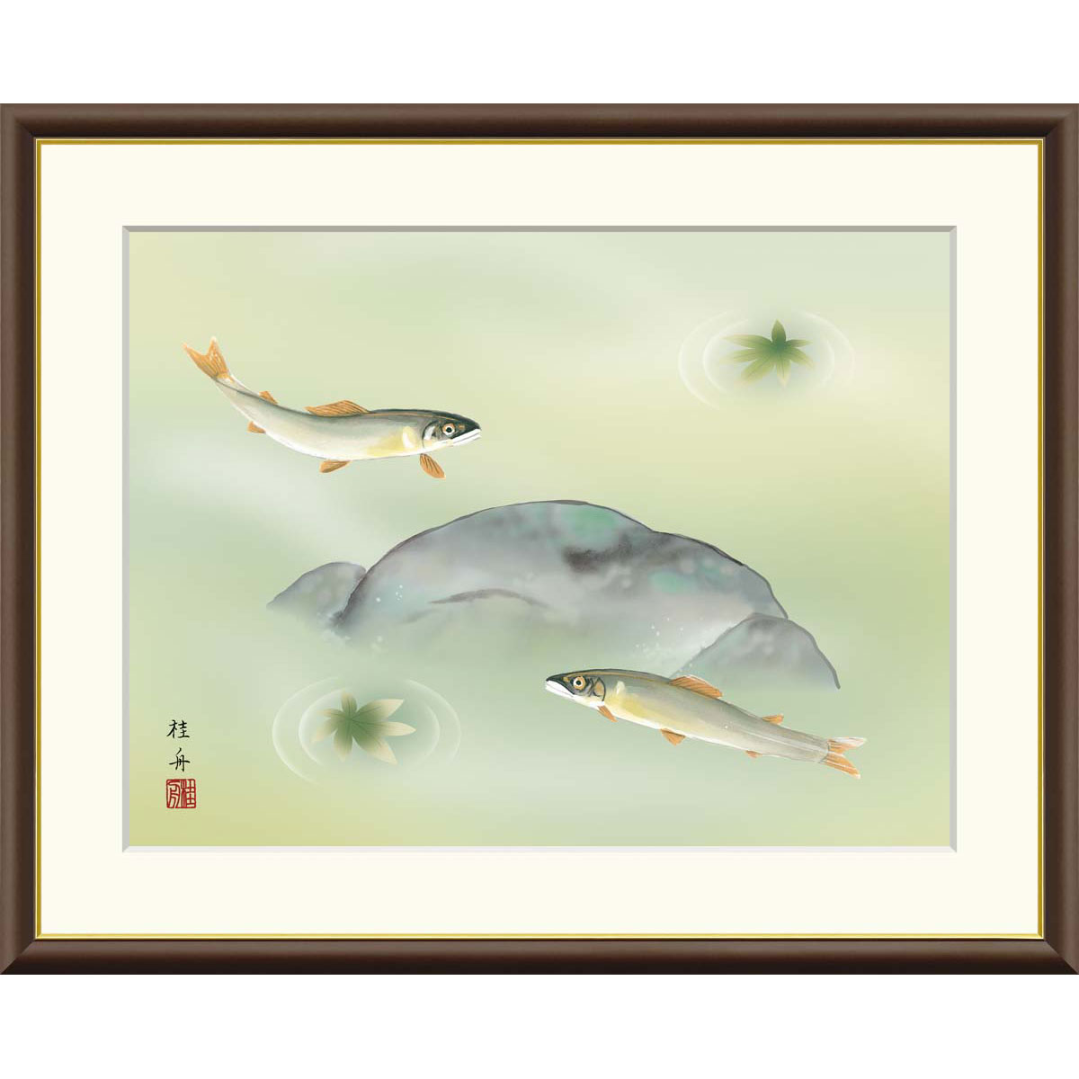 長江桂舟 「楓に鮎」 F8号（額外寸61ｘ50cm） 高精彩工芸画＋手彩入り　額付き　複製画　風景画　花鳥風月　季節：夏　かえで　川魚　あゆ　吉兆　J1-A011