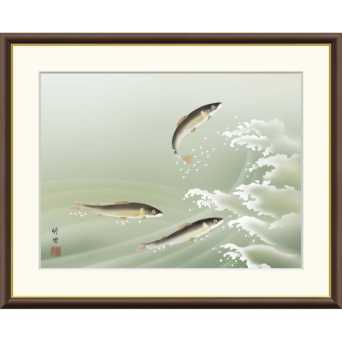 田村竹世 「鮎」 F8号（額外寸61ｘ50cm） 高精彩工芸画＋手彩入り　額付き　複製画　風景画　花鳥風月　季節：夏　香魚　さわやか　J1-A014｜やまとや画廊