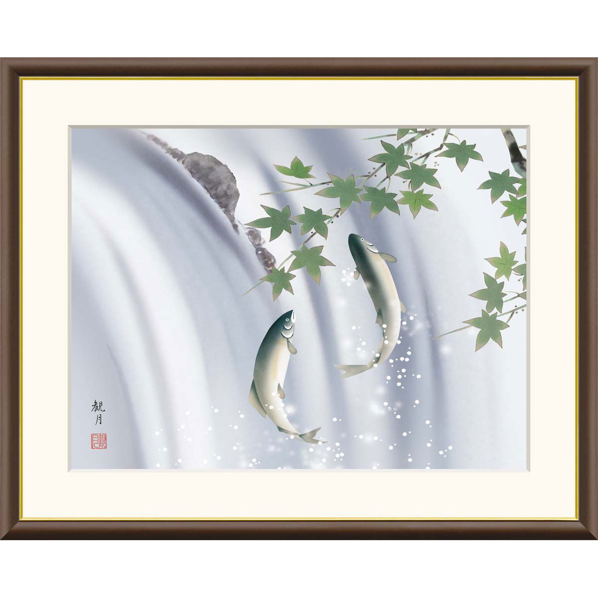 森山観月「楓に鮎」 F8号（額外寸61ｘ50cm） 高精彩工芸画＋手彩入り　額付き　複製画　風景画　花鳥風月　季節：夏　初夏　自然　かえで　香魚　鮎の川登り　昇鮎　J1-A017