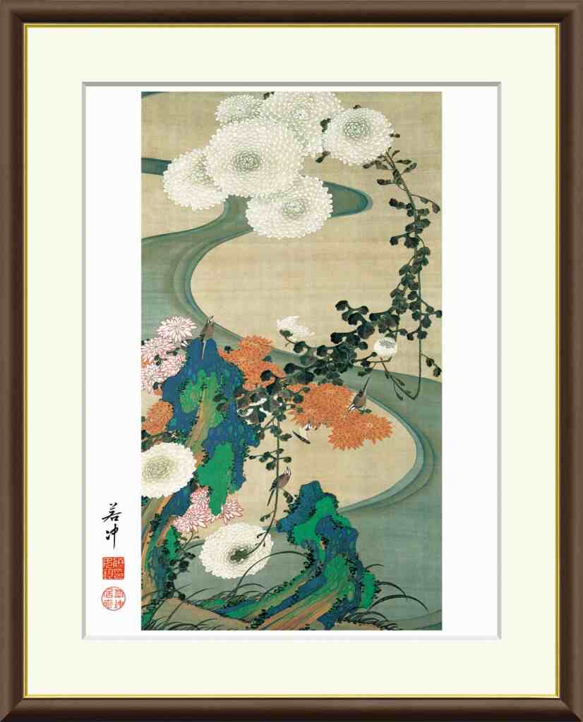 印刷画　フレーム　絵画　額装　額縁　伊藤若筆 宮内庁三の丸蔵館 絵画 額入り 壁掛け F4 伊藤若冲 日本の名画 複製画 額飾り 1枚
