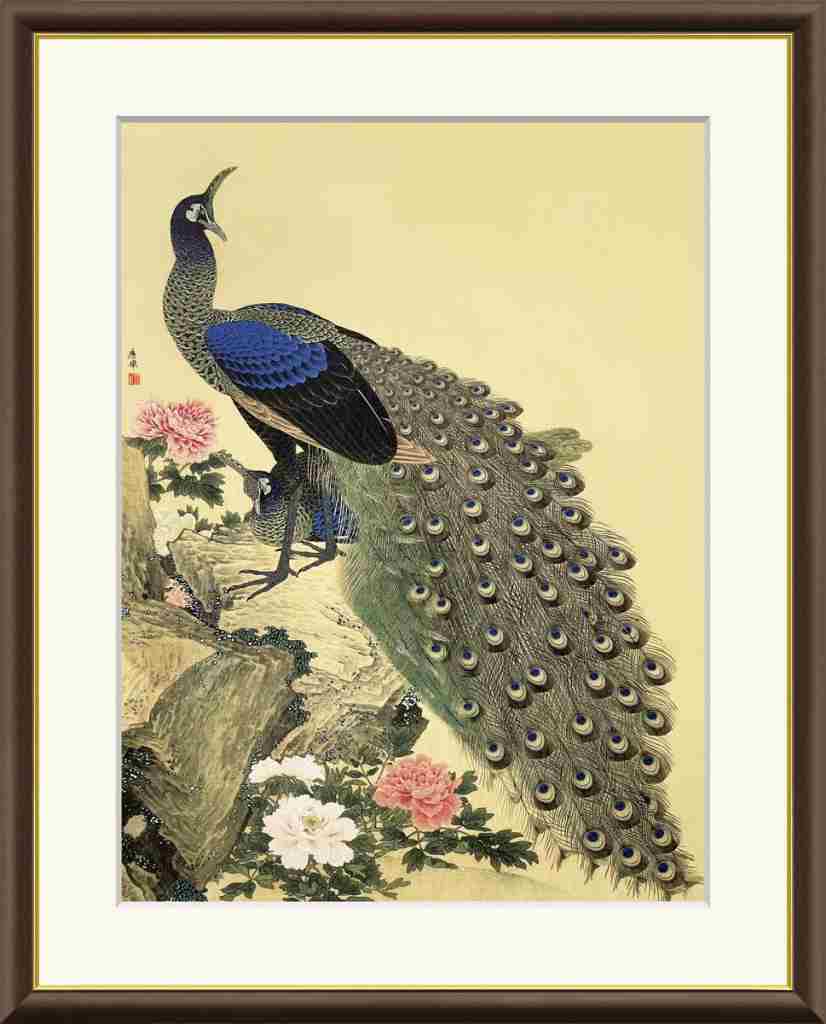 宮越鳳鳴　朱雀に牡丹 金箔アート 絵画 日本画 古美術 宮越鳳鳴 朱雀に牡丹 金箔アート 絵画 日本画 古美術 - メルカリ