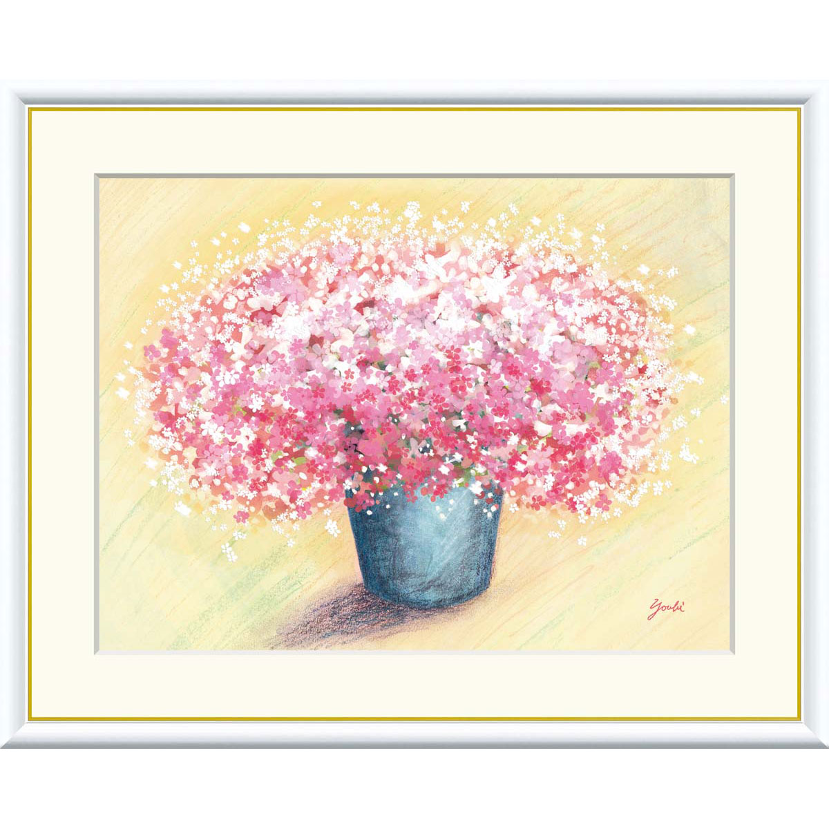 洋美 「可愛いピンクのブーケ」 F8号（額外寸61ｘ49cm） 高精彩工芸画＋手彩入り 額付き 複製画 静物画 風水画 花束 花瓶の花 Pink ももいろ 優しさ 女性の全体運アップ 【J3-A001】 14,652円