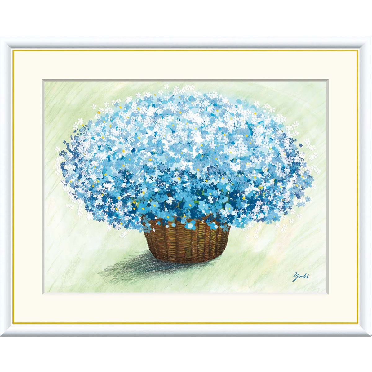 洋美 「爽やかなブルーのブーケ」 F8号（額外寸61ｘ49cm） 高精彩工芸画＋手彩入り 額付き 複製画 静物画 風水画 花束 花瓶の花 青 水色 落ち着きをもたらす【J3-A002】