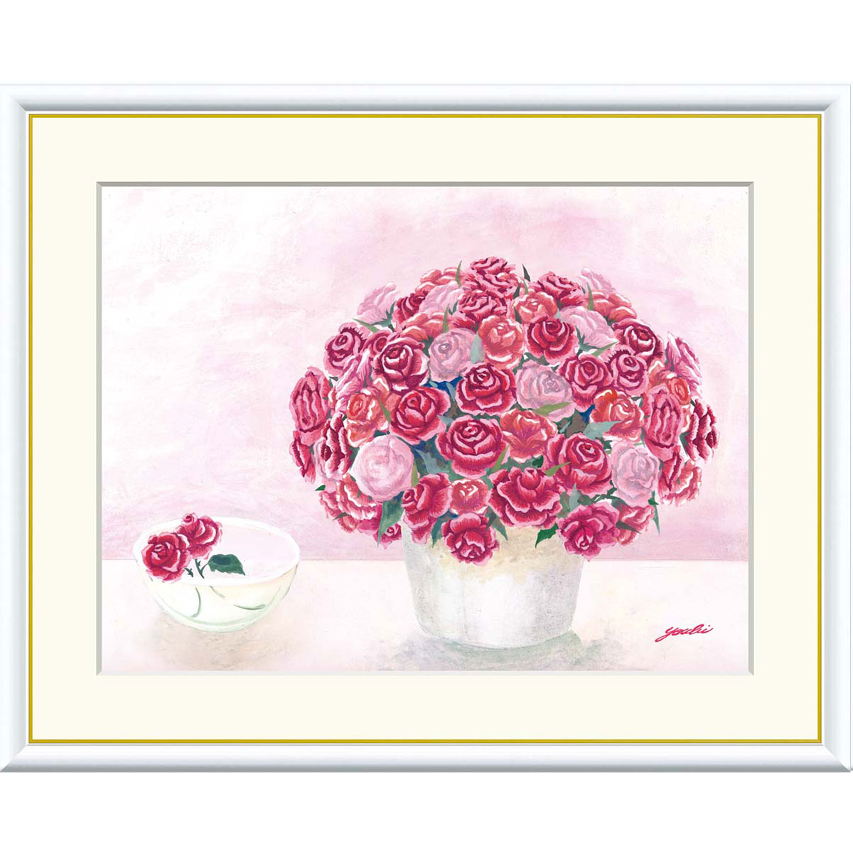 洋美 「可憐なピンクのブーケ」 F8号（額外寸61ｘ49cm） 高精彩工芸画＋手彩入り 額付き 複製画 静物画 風水画 花束 花瓶の花 ばら Pink ももいろ 優しさ 女性の全体運アップ 【J3-A005】