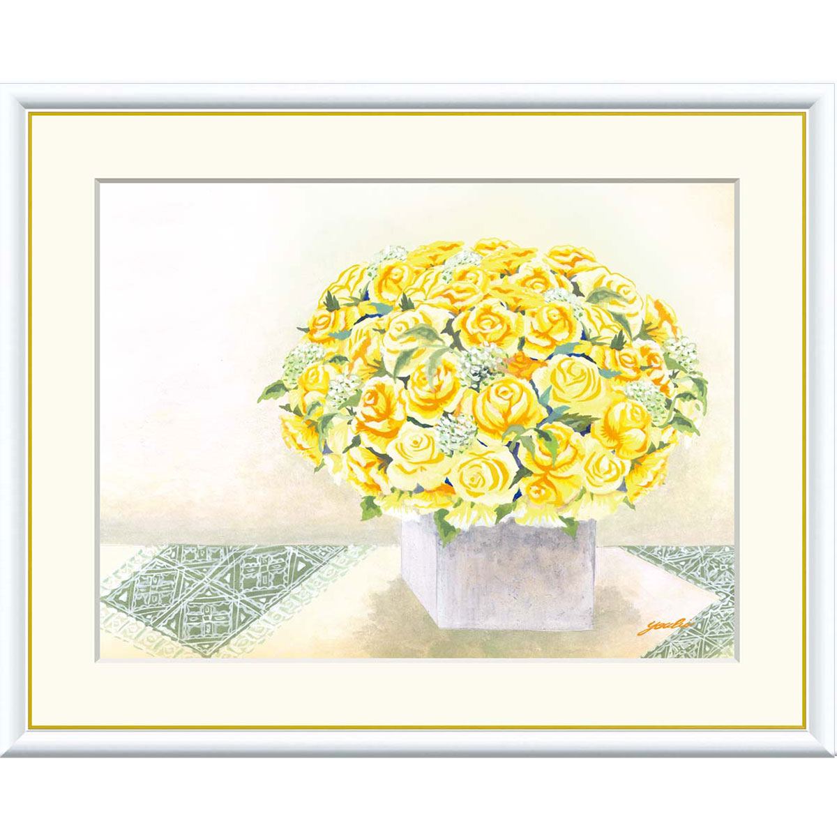 洋美 「きらめくイエローのブーケ」 F8号（額外寸61ｘ49cm） 高精彩工芸画＋手彩入り 額付き 複製画 静物画 風水画 花束 花瓶の花 黄色 黄金 西の方角 金運アップ 【J3-A007】｜やまとや画廊