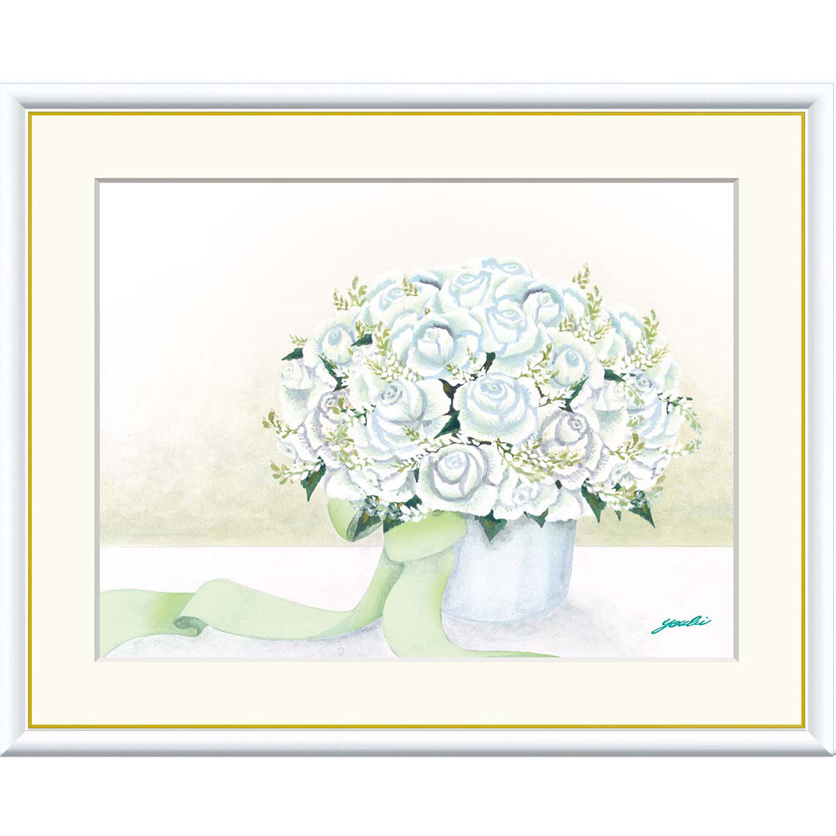 洋美 「清楚なホワイトのブーケ」 F8号（額外寸61ｘ49cm） 高精彩工芸画＋手彩入り 額付き 複製画 静物画 風水画 花束 花瓶の花 白色 純白 空間を浄化 邪気を払う 【J3-A008】｜やまとや画廊