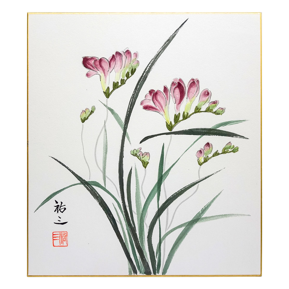 絵画　桔梗　肉筆色紙絵 石垣定哉 「 ききょう 」 水彩画 色紙 額装 絵画 肉筆 真筆