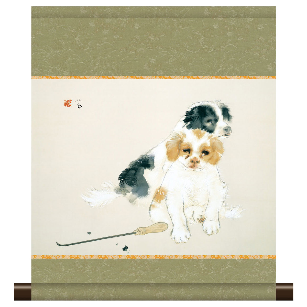 掛軸 モダン掛け 竹内栖鳳 「爐邊」 高精細工芸画＋手彩 複製画 名画 レプリカ 日本画の名作 動物画 子犬 仔いぬ ろへん 足立美術館（島根）所蔵 スタンド別売り KM3R1-042