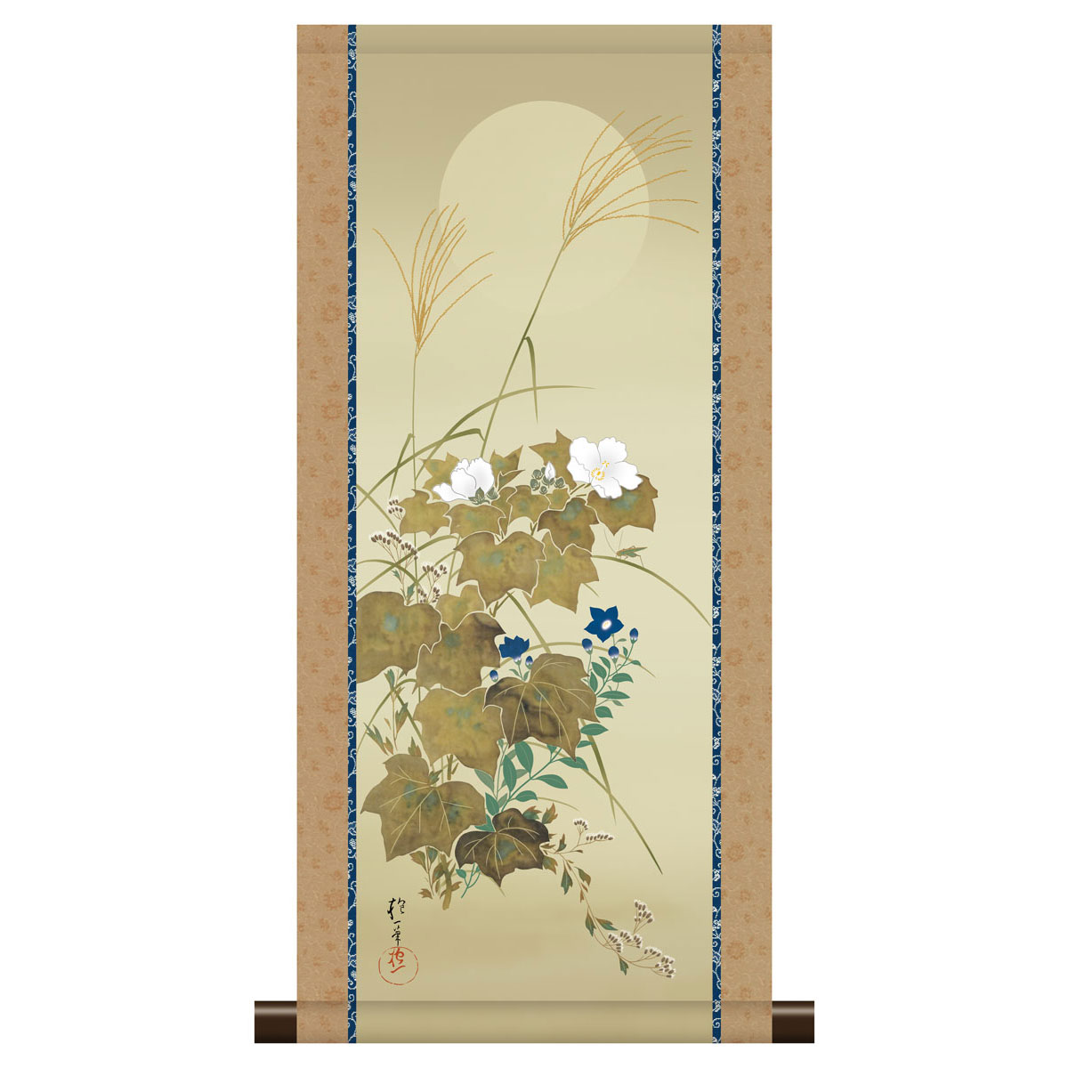 掛軸 モダン掛け 酒井抱一 「秋草に螽斯図」 高精細工芸画＋手彩 複製画 名画 レプリカ 日本画の名作 風景画 花鳥風月 花鳥十二ヵ月図 皇居三の丸尚蔵館所蔵　スタンド別売り KM3R1-067