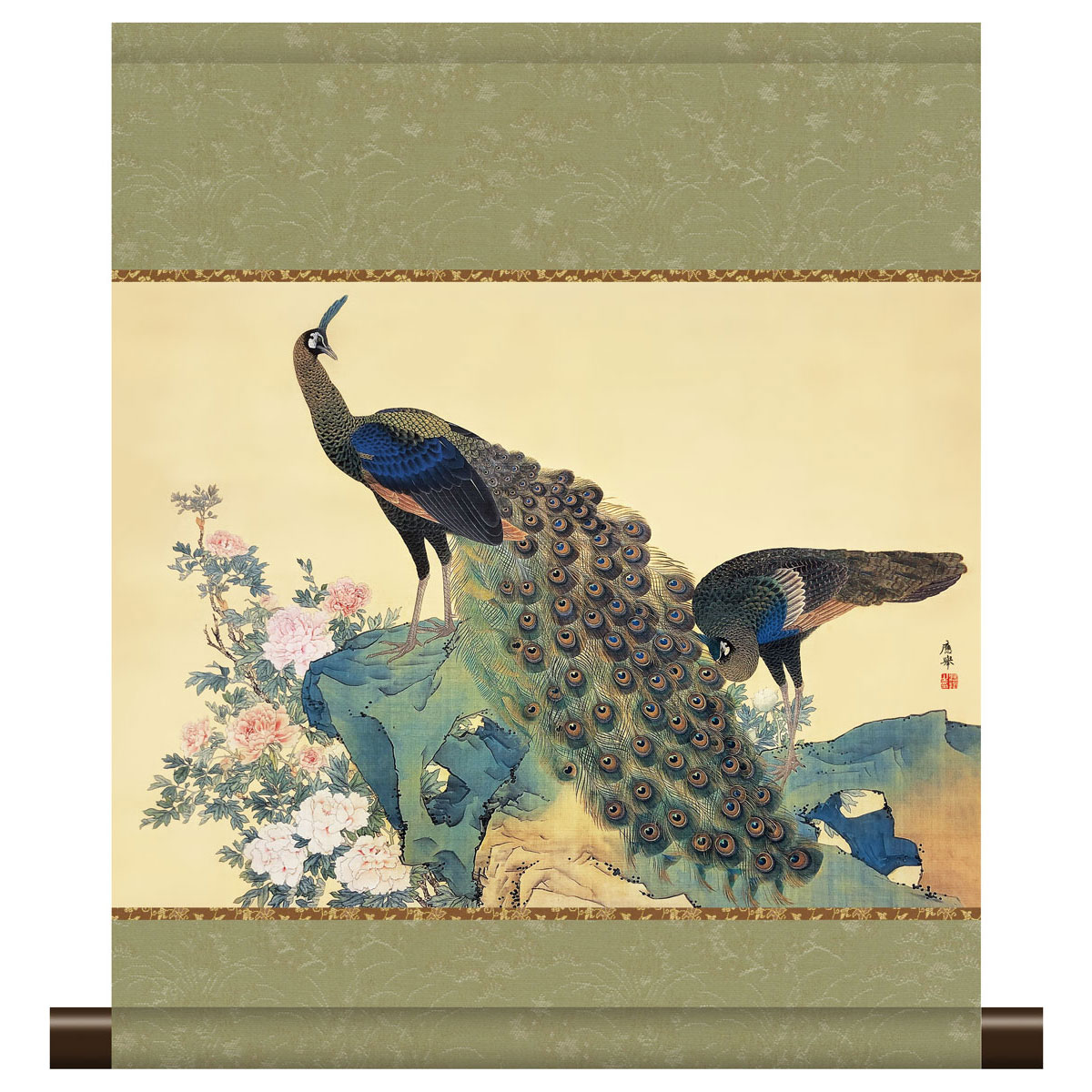 掛軸 モダン掛け 円山応挙 「牡丹孔雀図」 高精細工芸画＋手彩 複製画 名画 レプリカ 日本画の名作 動物 屏風絵 慶祝画 アーティゾン美術館（東京）所蔵 スタンド別売り KM3R1-081
