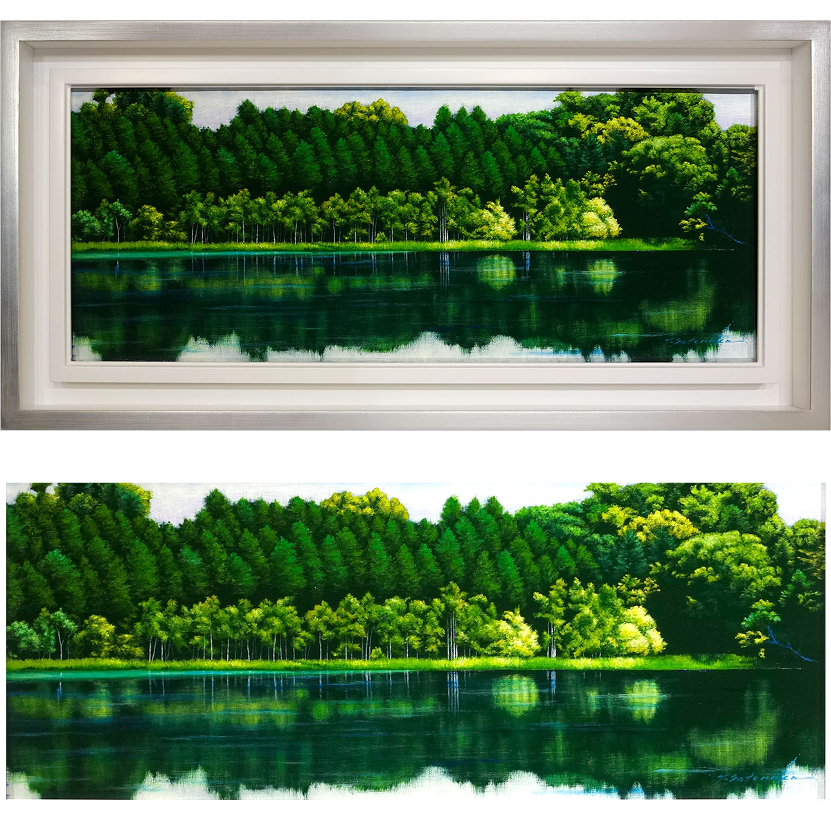 油彩画　里中游 「湖畔」 WF3号　油絵　額入り　ヨコ長の絵　横　風景画　真筆　肉筆画　手描き　写実画　リアリズム　緑　癒し　ヒーリング　開運アート　グリーン　里中遊　前面UVカットアクリル板入り｜やまとや画廊