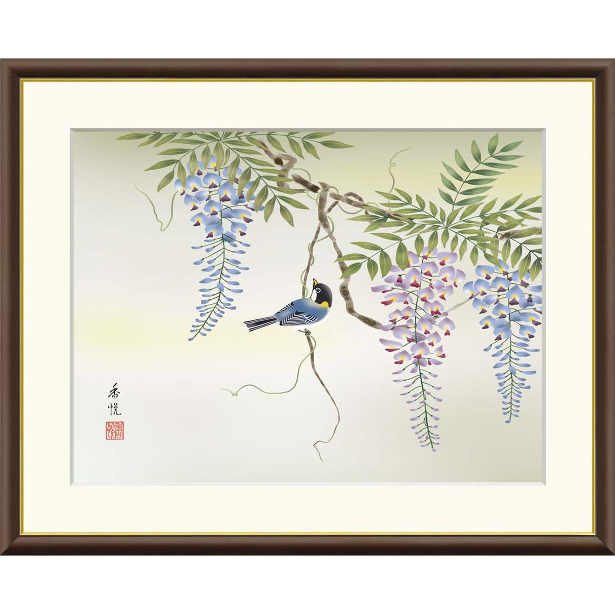 欄間額　花鳥画 Amazon｜桜花に小鳥 緒方葉水 49.5× 61㎝ F8 J4-B011 額入り