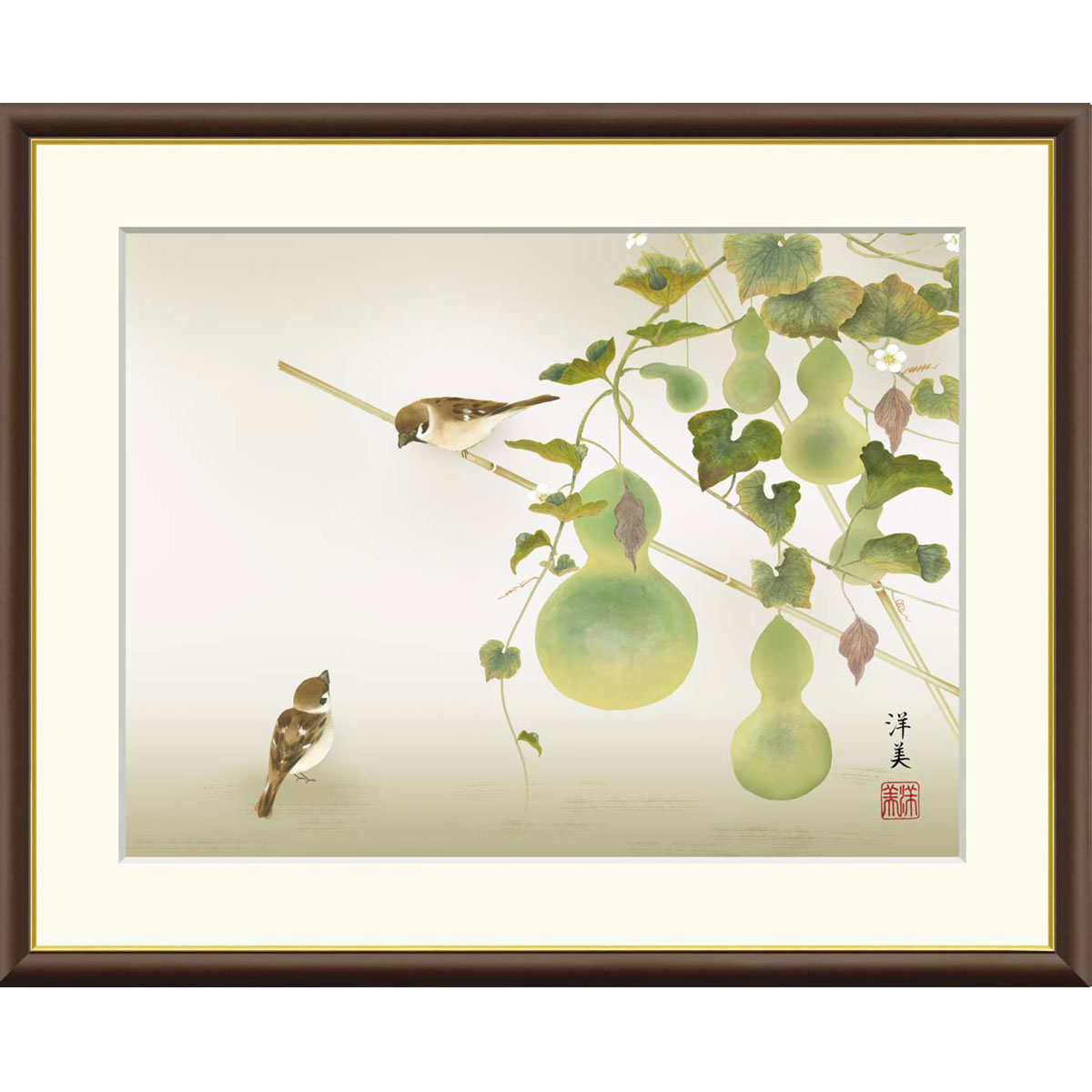 打田洋美 「六瓢」 F8号（額外寸61ｘ50cm） 高精彩工芸画　額付き 複製画 植物画 花鳥風月 季節：夏 ひょうたん 瓢箪 雀 鳥 むびょう 無病息災 縁起画 額絵 J4-B025