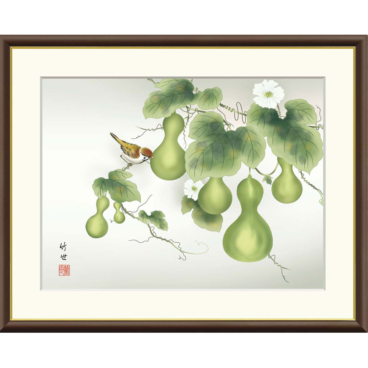 田村竹世 「六瓢」 F8号（額外寸61ｘ50cm） 高精彩工芸画　額付き 複製画 植物画 花鳥風月 季節：夏 ひょうたん 瓢箪 むびょう 無病息災 縁起画 額絵 J4-B030