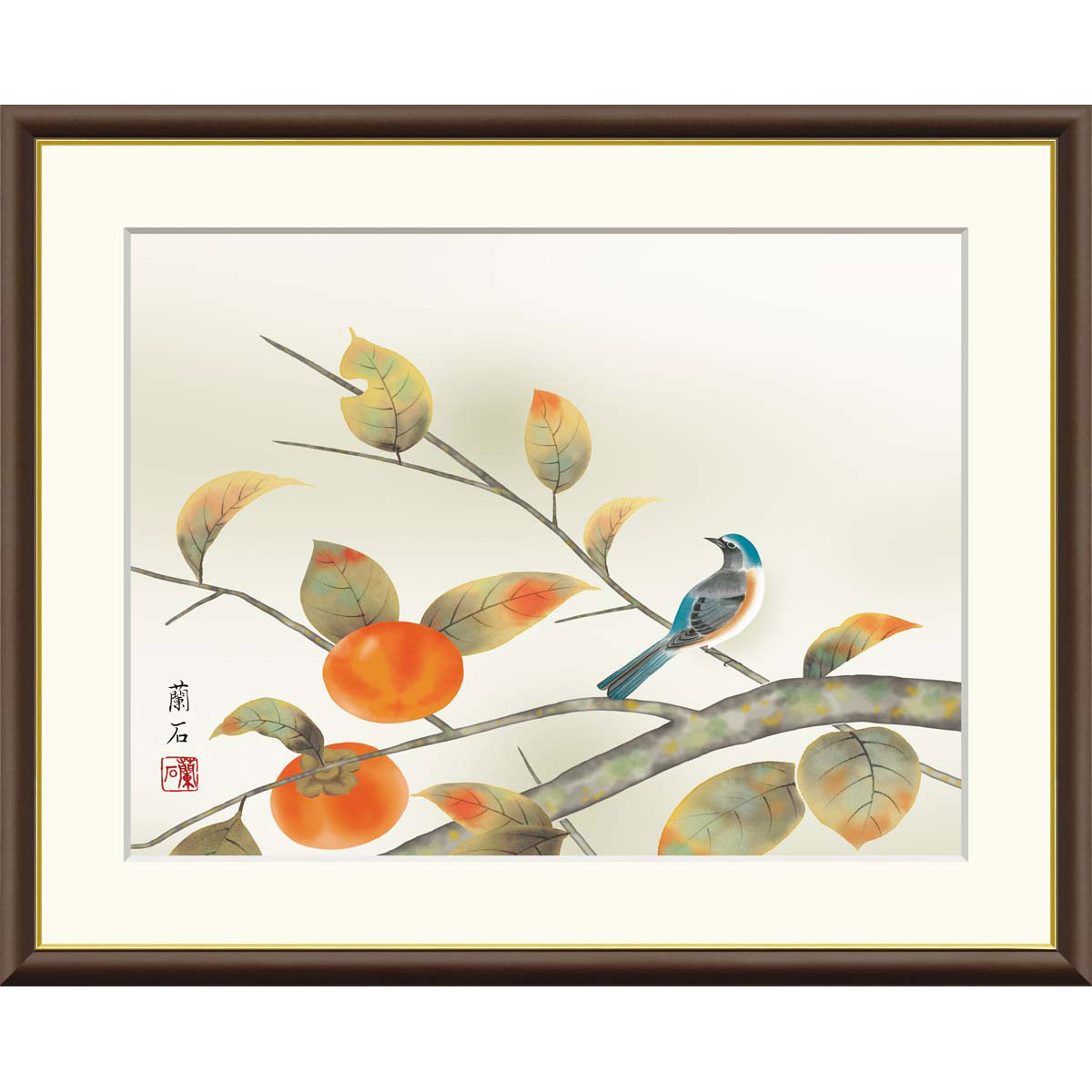 【真作】絵画　橋本高鳳　日本画（色紙）　秋の夜長　柿の木と佇む狸　U167 真作】絵画 橋本高鳳 日本画（色紙） 秋の夜長 柿の木と佇む狸