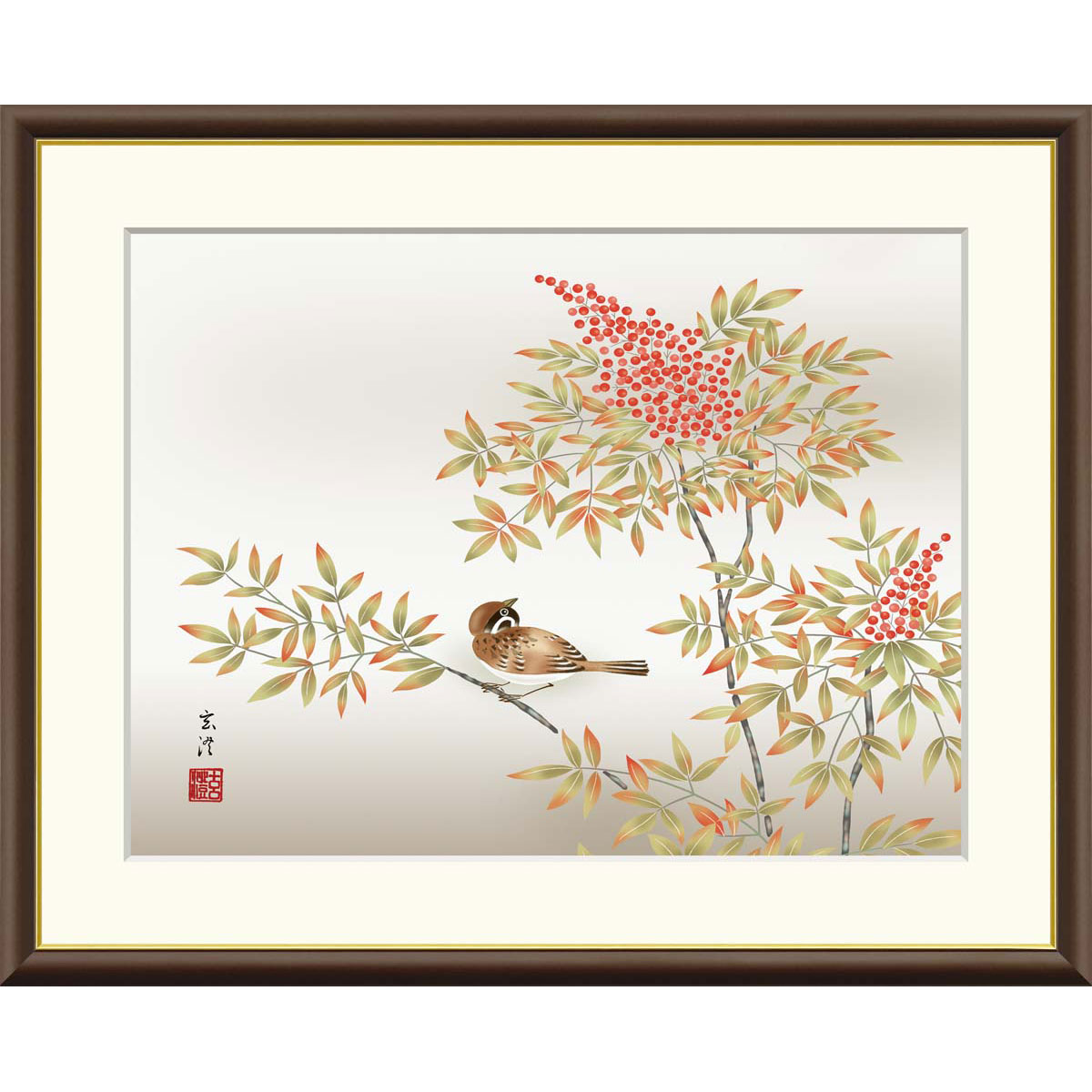 楽天市場】10年保証 名画 油絵 南天に雀 清水玄澄 手彩仕上 高精細巧芸