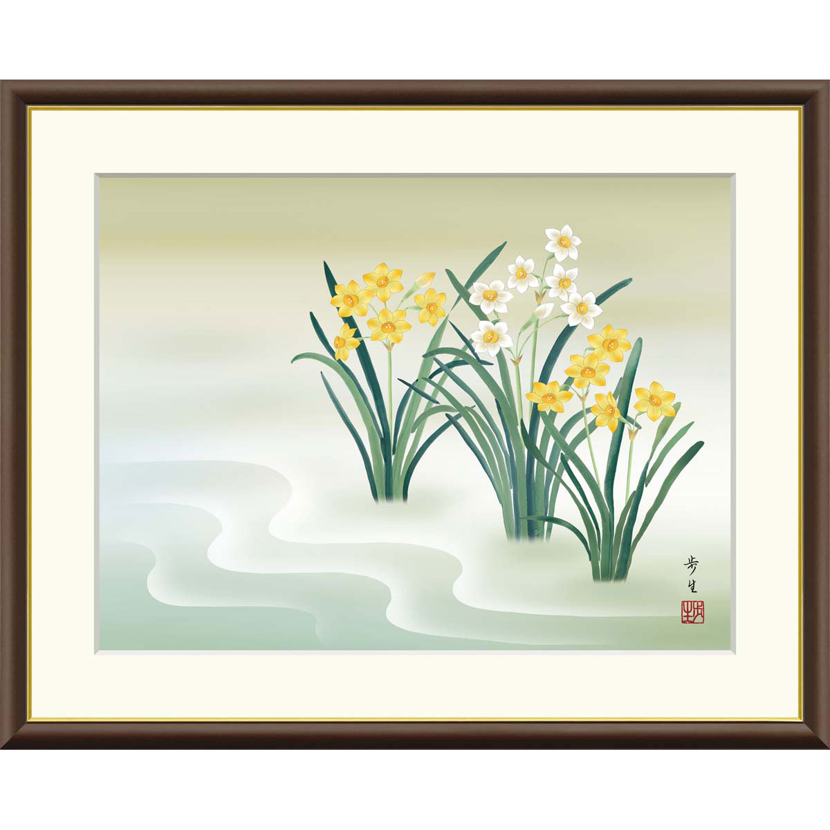 北山歩生「水仙」 F8号（額外寸61ｘ50cm） 高精彩工芸画 額付き 複製画 風景画 花鳥風月 季節：冬 すいせんの花 黄水仙 喇叭水仙 スイセン J4-B047