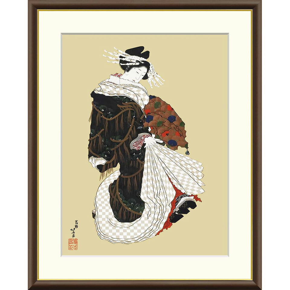 ● 葛飾北斎 「年始回りの遊女図」 額入り 複製画 高精彩工芸画 額装画 人物 美人画 名画 レプリカ 浮世絵 原画は肉筆画 スミソニアン フリーア美術館所蔵 J2-132 【納期：約1週間】