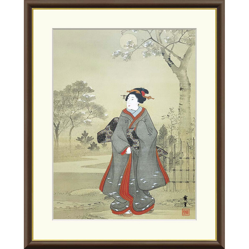 ● 歌川広重 「月夜観桜美人図」 額入り 複製画 高精彩工芸画 額装画 肉筆浮世絵 名画 レプリカ 人物 美人画 錦絵 着物の女性 J2-150 【納期：1週間】