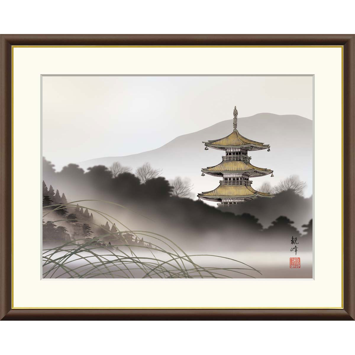 山村観峰「湖畔塔景」 F8号（額外寸61ｘ50cm） 高精彩工芸画 額入り 複製画 風景画 山水画 古都 五重塔 静謐 縁起画 J4-C003