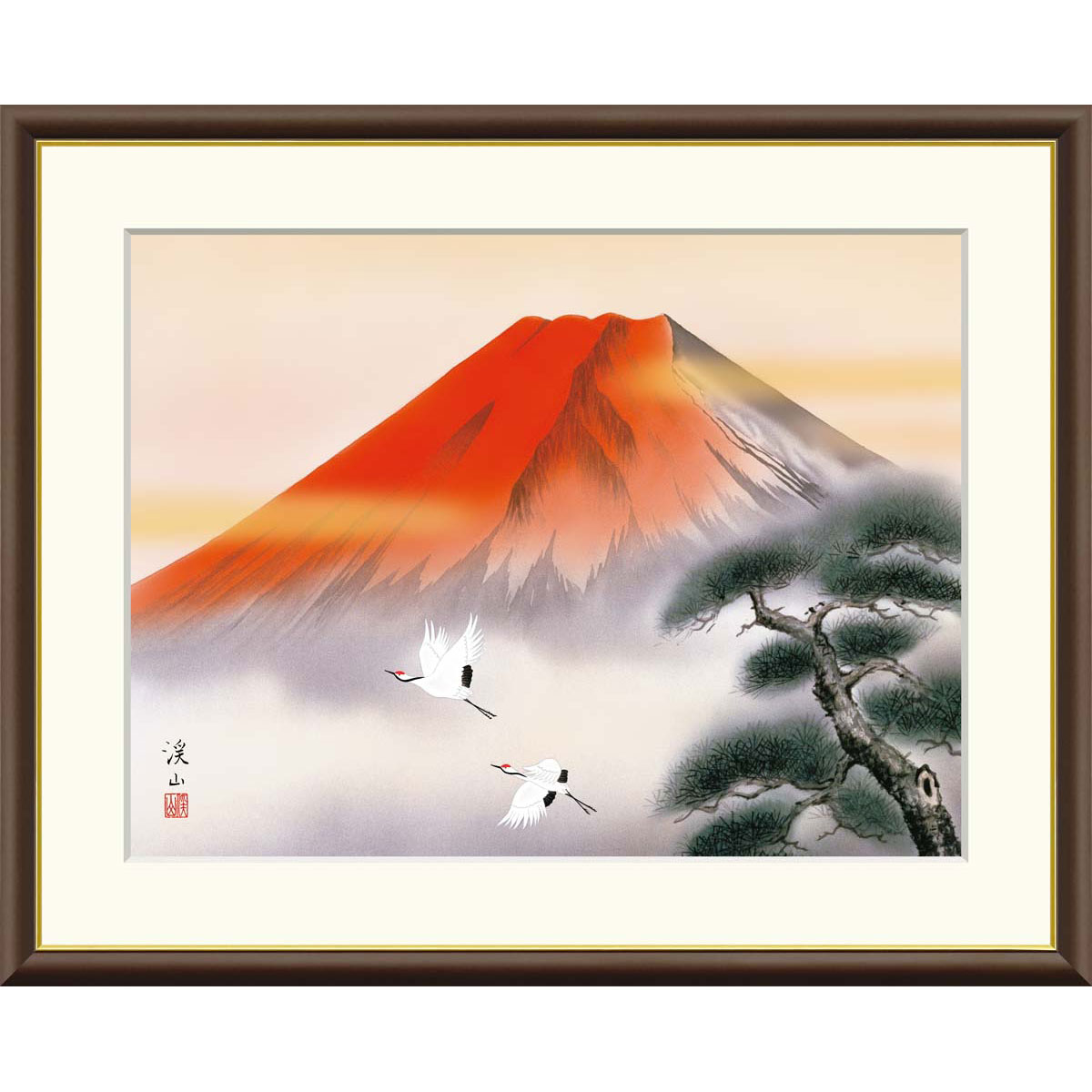 伊藤渓山 「赤富士飛翔」 F8号（額外寸61ｘ50cm） 高精彩工芸画 額入り 複製画 風景画 吉祥画 山水画 風水開運 赤富士 松 二羽の鶴 J4-C004