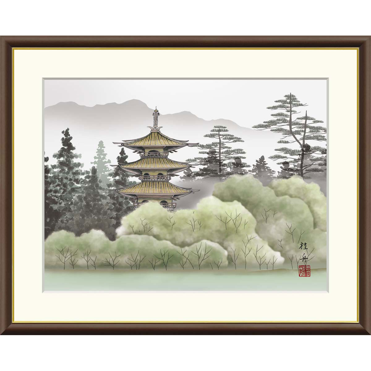 長江桂舟 「幽山塔景」 F8号（額外寸61ｘ50cm） 高精彩工芸画 額入り 複製画 風景画 吉祥画 山水画 古都 五重塔 湖 静謐 J4-C005
