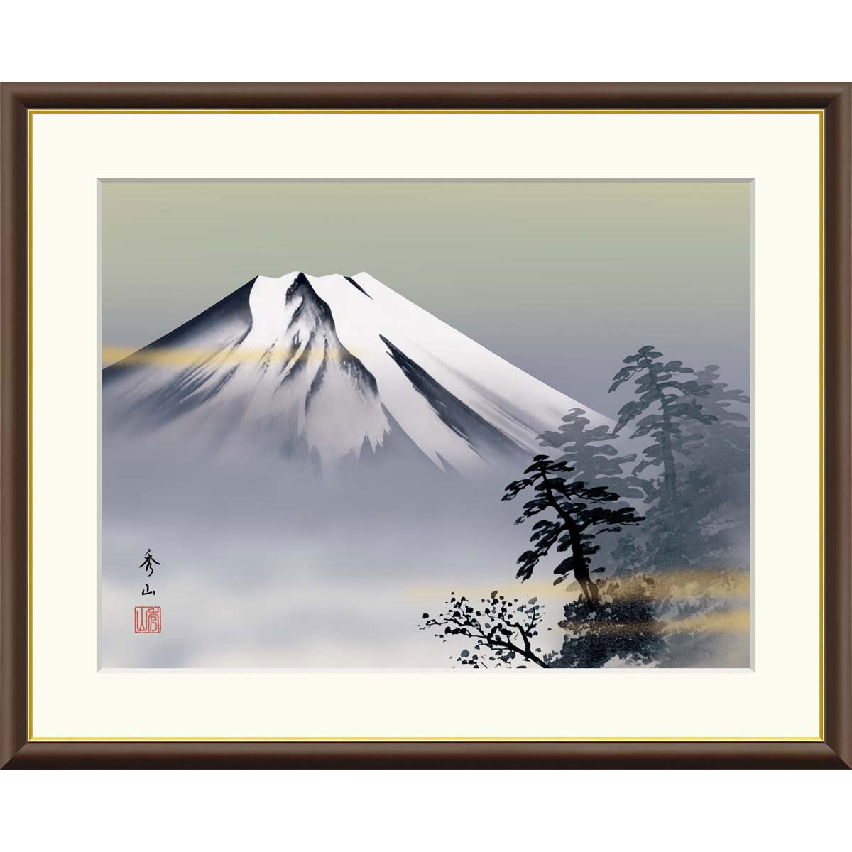 鈴村秀山 「黎明富士」 F8号（額外寸61ｘ50cm） 高精彩工芸画 額入り 複製画 風景画 吉祥画 山水画 風水開運 明け方 富士山 白富士 J4-C007