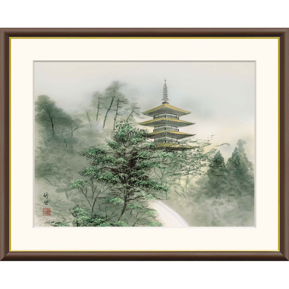 田村竹世 「塔景望郷」 F8号（額外寸61ｘ50cm） 高精彩工芸画 額入り 複製画 風景画 吉祥画 山水画 風水開運 五重塔 深い森 山岳 滝 J4-C008