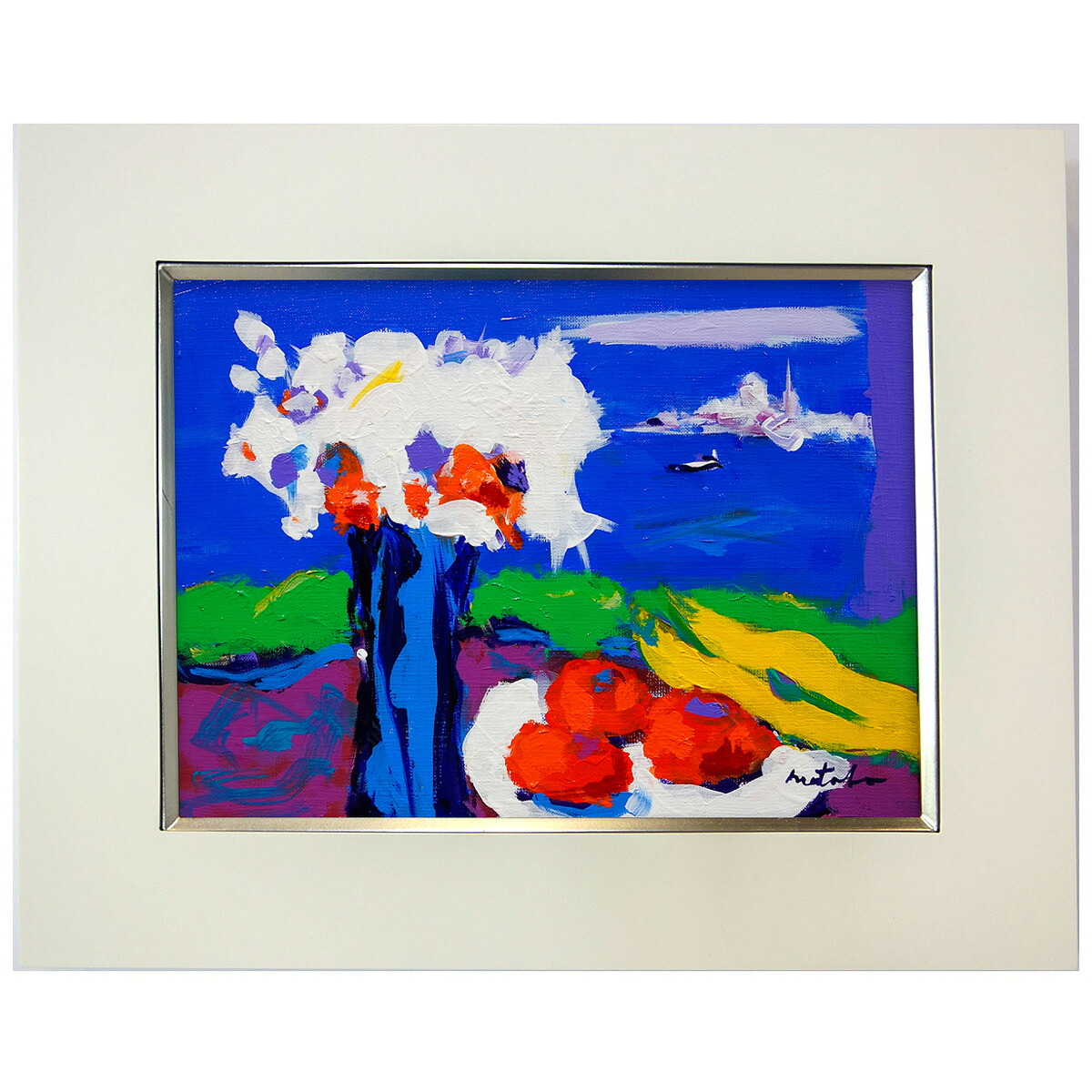 油彩画　的場信治 「ベニスの回想」 F4号　額入り　油絵　風景画　額装絵画　手描き　肉筆　真筆　ベネチア　イタリアの古都　抽象絵画　YE168