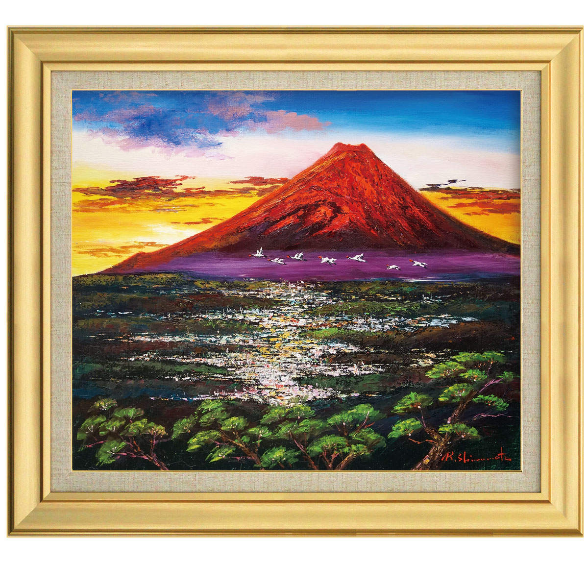 楽天市場】日本画 大河原秀樹作 朱映飛鶴 赤富士 鶴 複製画 シャンパン