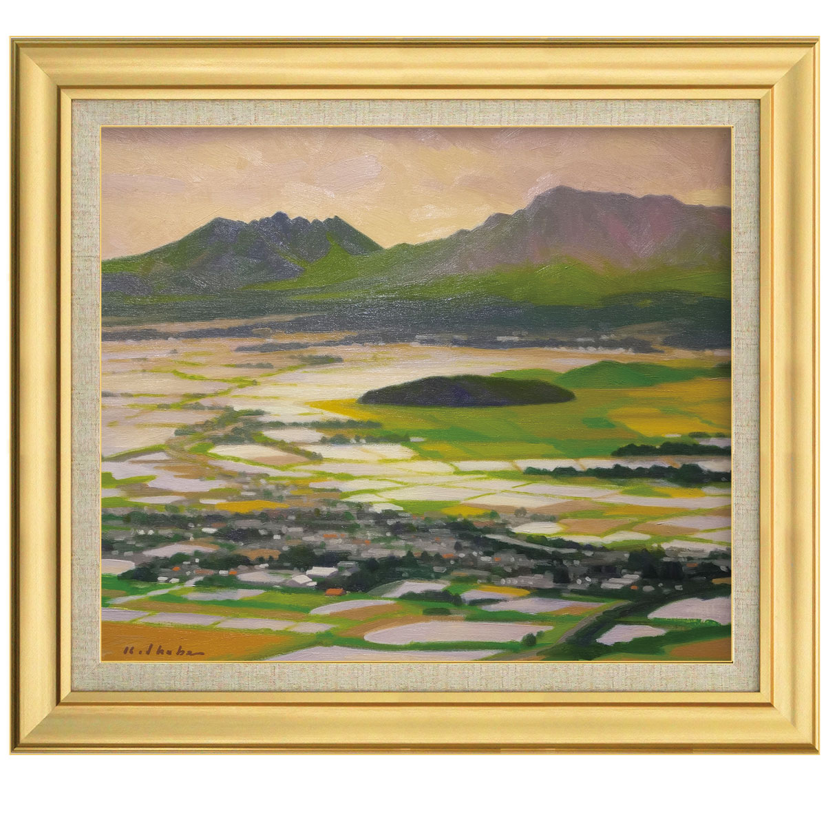 油彩画 F10号 池部孝一 「根子岳眺望」 額入り 油絵 真筆 手描き 肉筆画 風景画 熊本県 阿蘇五岳 朝の会 【納期:在庫のみ】
