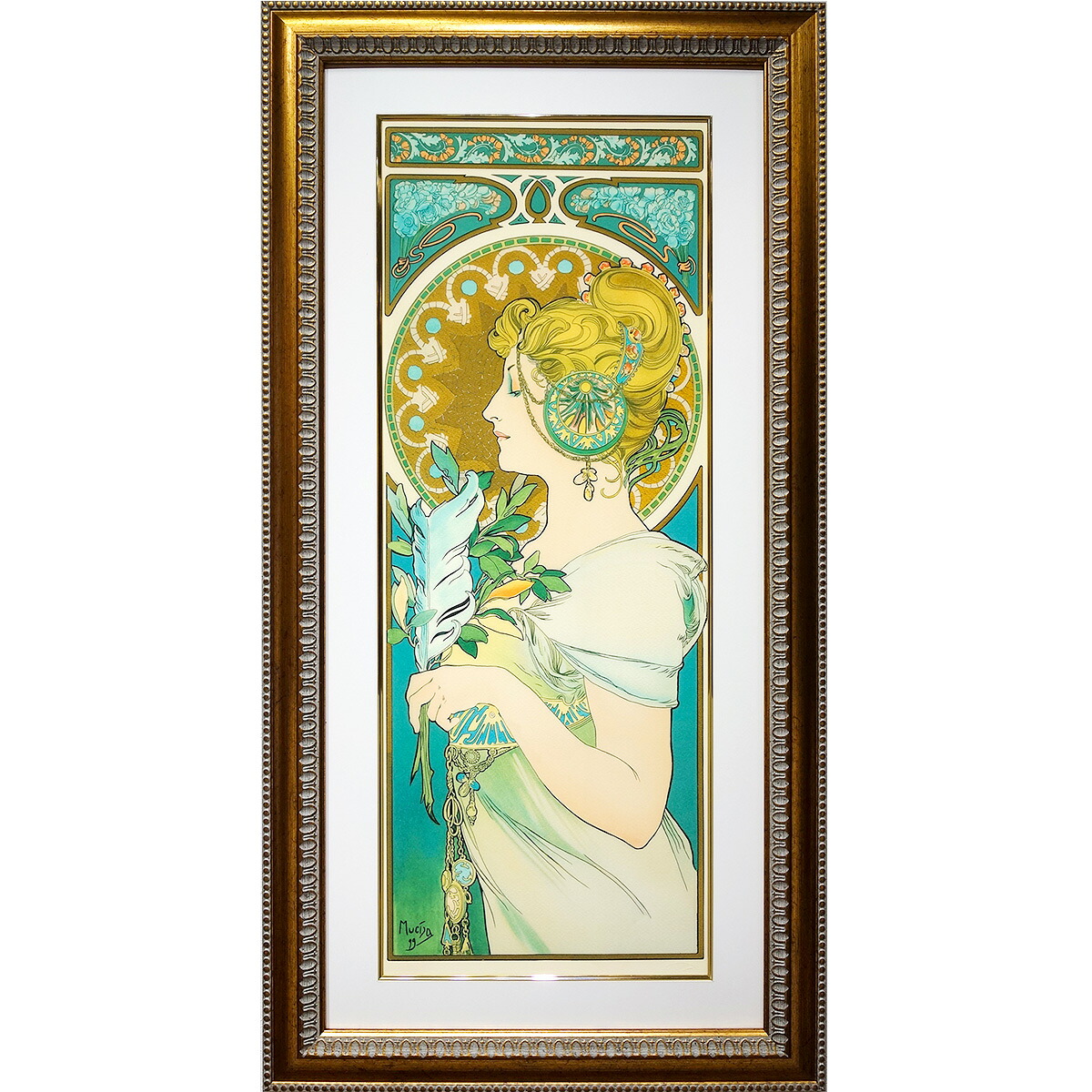 ★ 版画 ミュシャ 「羽根(大)」 リトグラフ 額入り 大型絵画 ミュシャ財団承認 エンボス印 羽根ペン La Plume Feather 文学 美人画 アールヌーヴォー 装飾パネル タテ長 YE456
