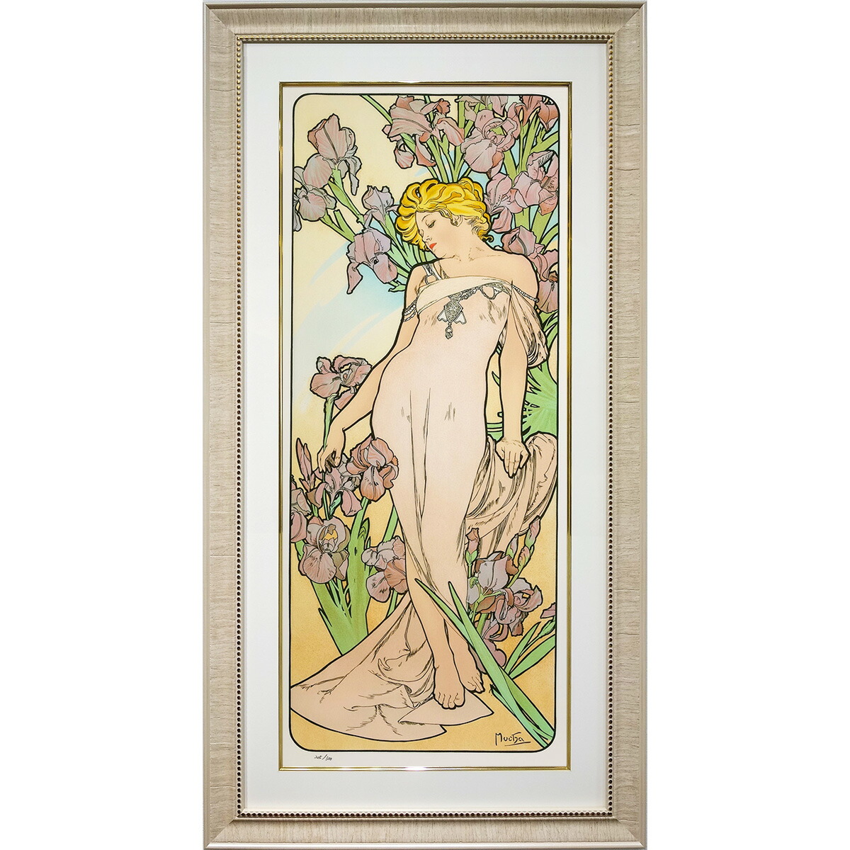 ★ 版画　ミュシャ 「アイリス：四つの花 」 菖蒲　あやめ　ジクレー　額入り　ミュシャ財団承認 エンボス印入り　美人画　アールヌーヴォ&mdash;　連作　Iris　タテ長　YE464｜やまとや画廊