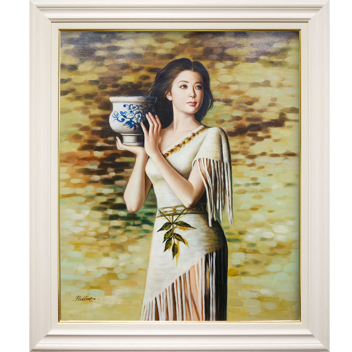 油彩画　F20号　カトリーヌ・バテュ 「壺の記憶」 油彩画　額付き　油絵　真筆　手描き　肉筆画　大型絵画　人物画　女性像　美人画　Memory of the Vessel　フランスの現代画家 【納期：在庫のみ】