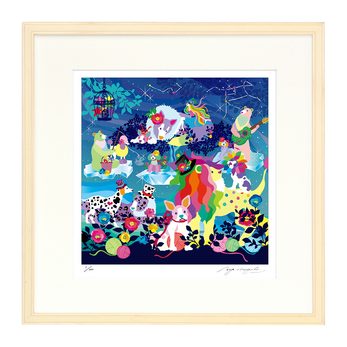 ★ ホラグチカヨ 「ある冬の楽しい１日の過ごし方」 ジクレー版画　額付き　額装画　複製画　グラフィックアート　ジークレー　かわいい　動物　作品　正方形の絵　新築祝い　誕生日ギフト 【C6723】350角｜やまとや画廊
