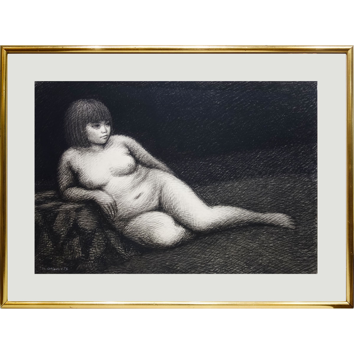 木炭画　真筆　岡本半三 「台にもたれて」 20号相当　額付き　木炭、鉛筆画　大型絵画　肉筆画　手描き　モノトーン　美品です　人物　裸婦　ヌード　美人画　大正～昭和期の洋画家　YE532｜やまとや画廊