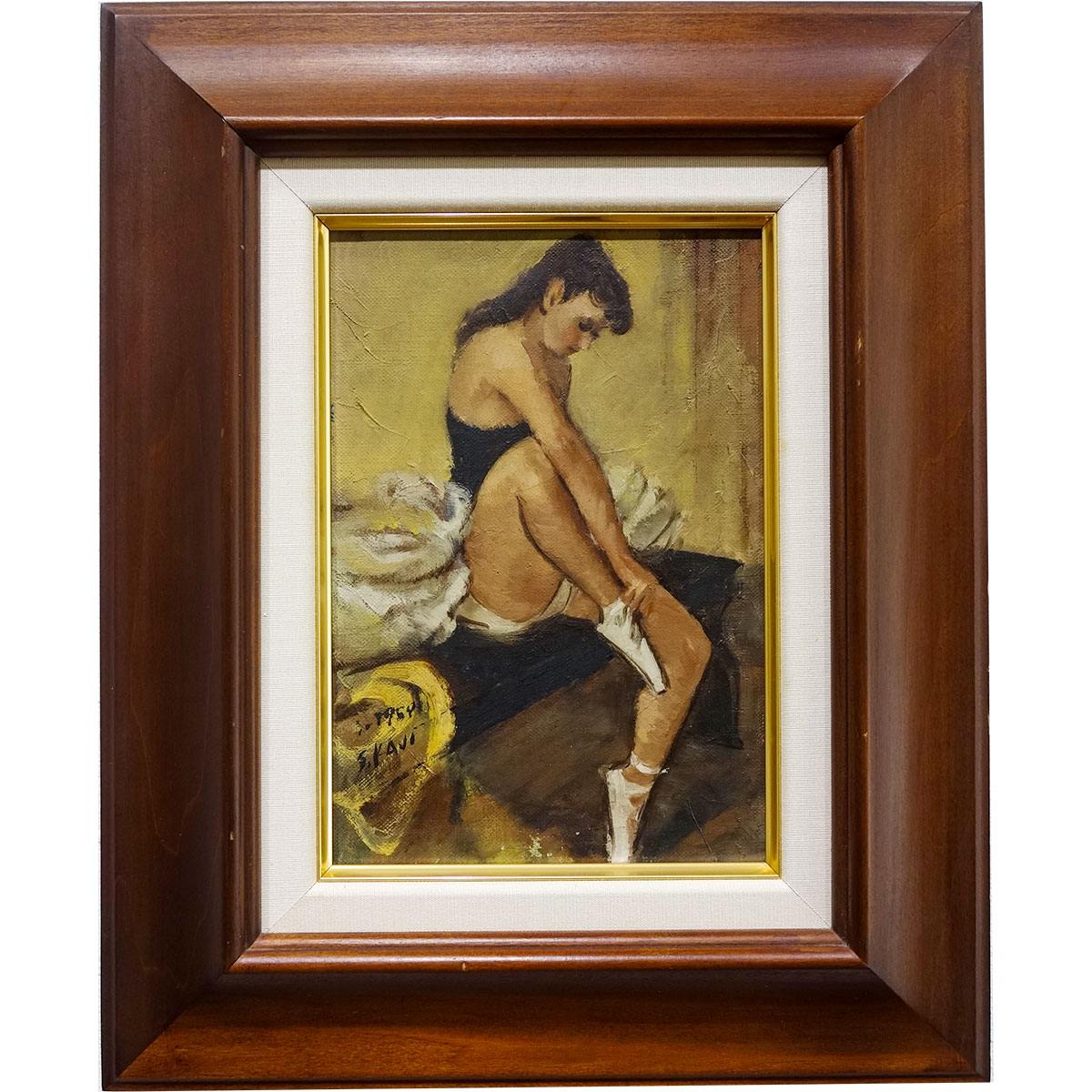 油彩画 鍛冶昇登 「踊り子」 SM号 油絵 洋画 額付き 人物画 真筆 手書き 肉筆画 女性 バレエ バレリーナ ダンサー 作家サインあり トゥシューズ 楽屋 東光会 一陽会 昭和レトロ 物故画家【納期：在庫のみ】 20,350円