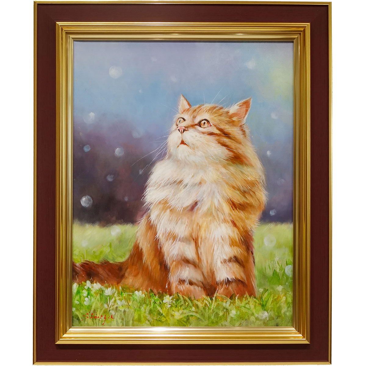 油彩画 志水俊介「猫」ノルウェージャンフォレストキャット F6号 真筆 額付き 猫の絵 かわいい動物画 インテリア 新築祝い｜やまとや画廊
