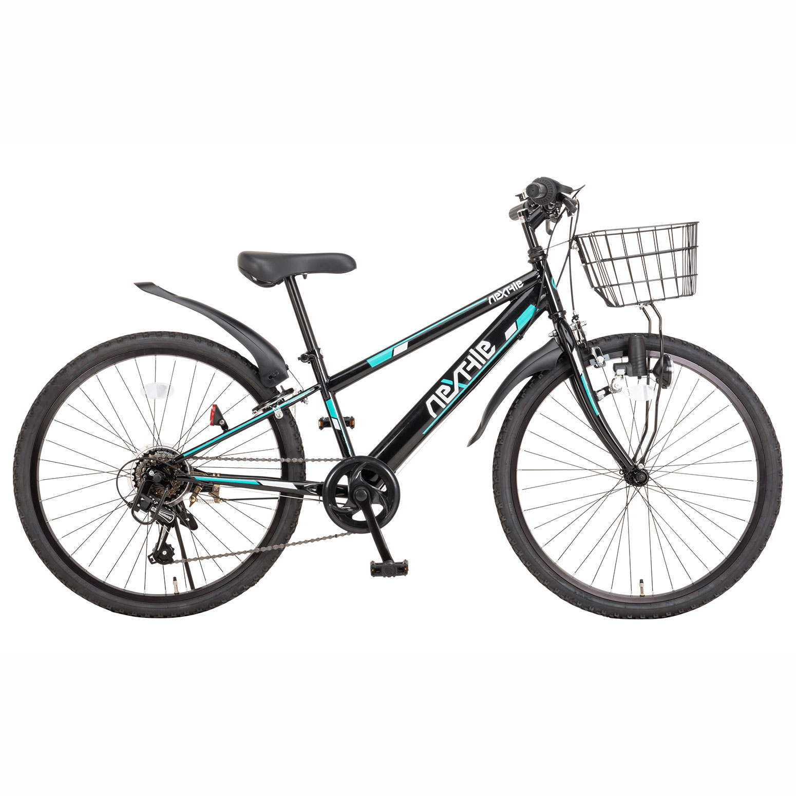 NEXTYLE 24インチ キッズマウンテンバイク（ブラック） NX-CTB02 61916 ジュニアMTB シマノ製6段変速 バスケット 泥除け 肉厚チューブ ライト ブロックダイナモ リングロック オオトモ 子供用自転車
