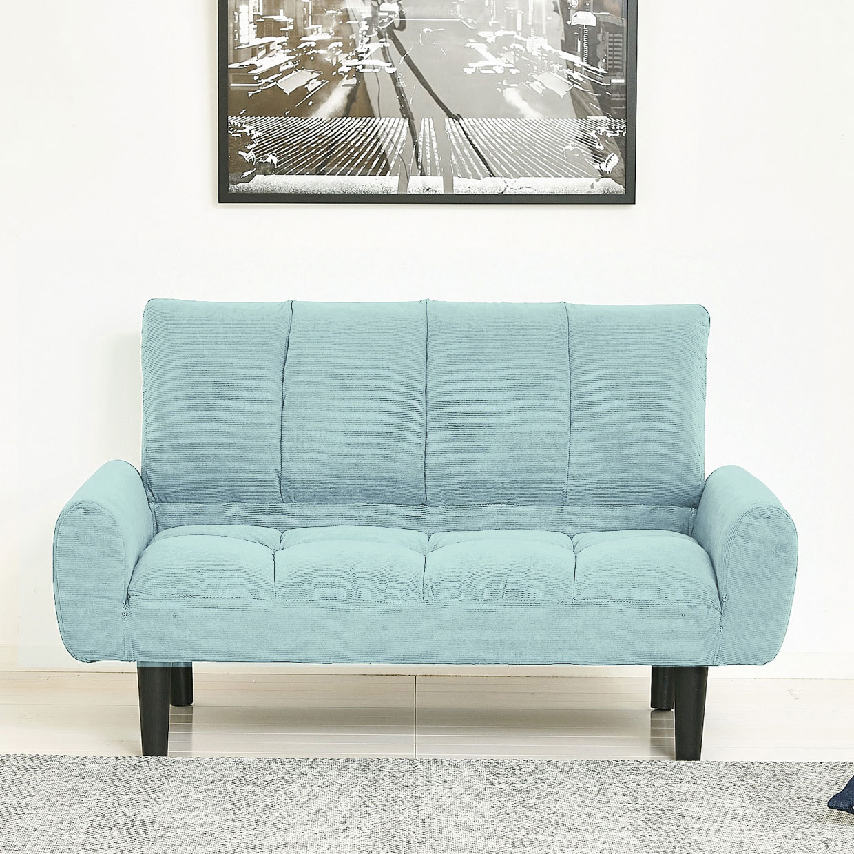 【完成品】2人掛けソファーコーデュロイ（パステルブルー）奥行63cm クロシオ 28751 CORDUROY SOFA ベッド 2人用 シンプル コンパクト ファブリック 折畳ソファ 水色 スカイブルー スモーキー コール天 スプレーグリーン 13,724円
