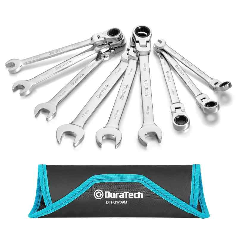 DURATECH コンビネーションレンチ フレックスラチェットレンチ コンビネーションスパナ 片口スパナ 首振りラチェット 72ギア CR-V鋼製 9本組 自動車修理 メンテナンス DIY用 収納バッグ付き