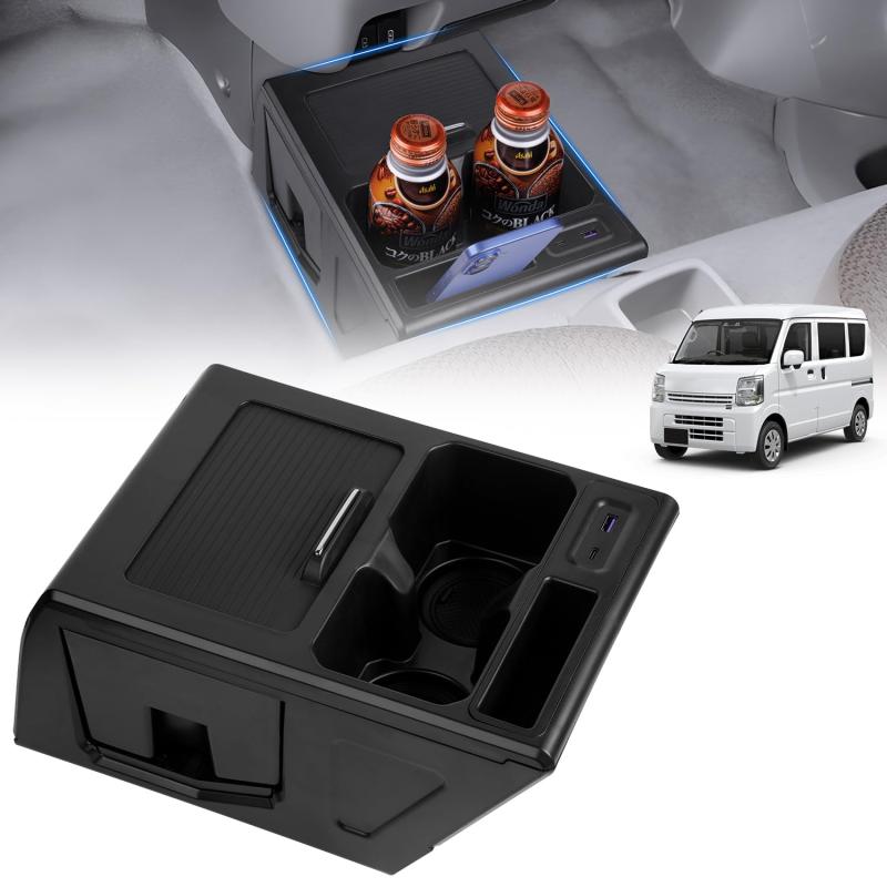 Mozan スズキ エブリイ 専用 コンソールボックス エブリイ バン DA17V/DA17W型 センターコンソール 車内収納ボックス 急速充電 USBポート付き ドリンクホルダー ゴミ箱付き カップホルダー 小物|cocohi-nata