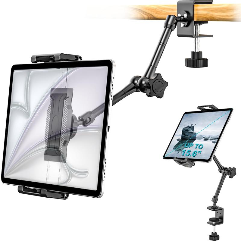 Dosvsi キッチン タブレットスタンド クランプマウント ipadホルダー【360°自由調整?アルミ合金素材?大型タブレットにも対応】キッチンの棚 吊り戸棚 テーブル デスク用 タブレット ホルダ