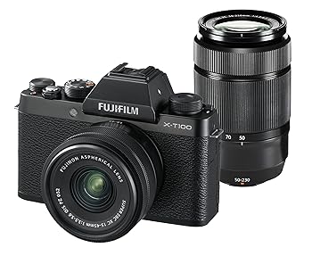 【中古】(非常に良い)FUJIFILM ミラーレス一眼カメラ X-T100ダブルズームレンズキット ブラック X-T100WZLK-B