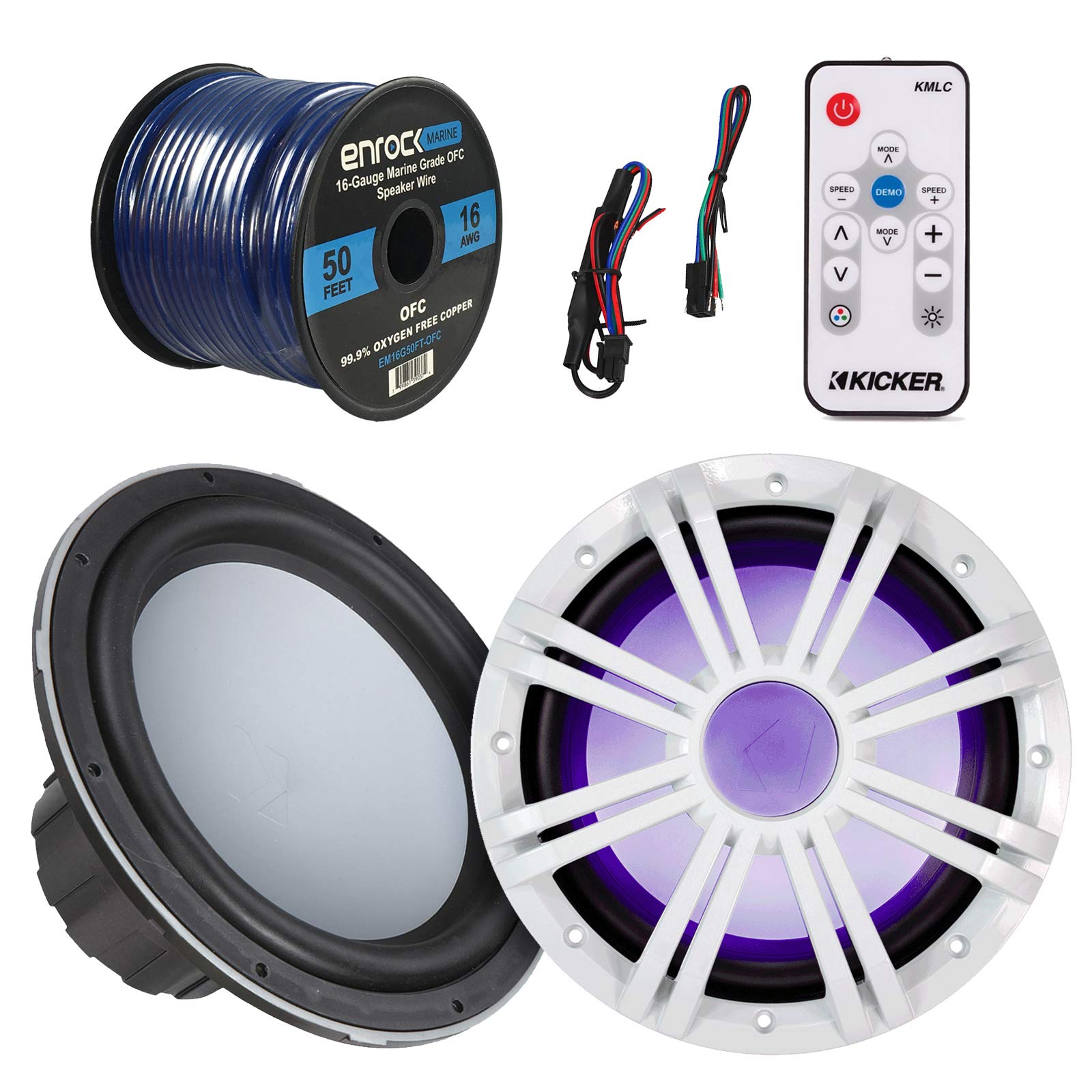 【中古】(非常に良い)Marineスピーカー&サブコンボ ? キッカーkmw10 10-inch ROHS準拠2 / 4-ohmsボートヨットサブウーハー、バンドルwithホワイトLED Wooferグリル+ LEDライ