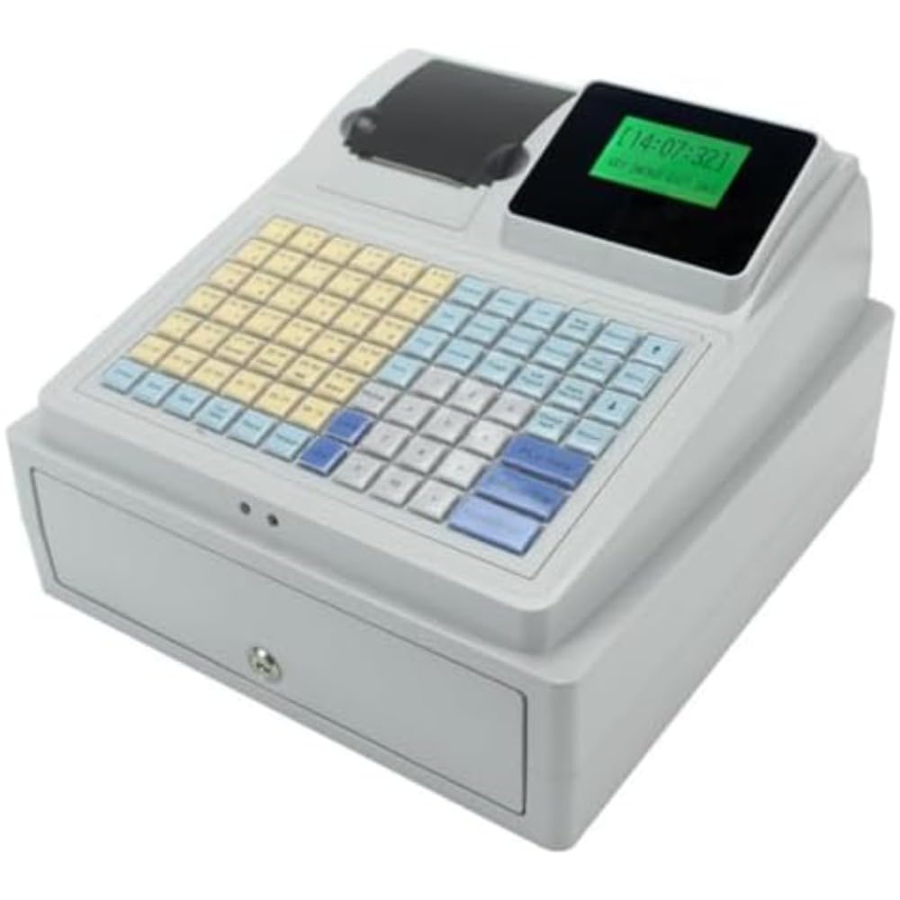 【中古】(非常に良い)電子キャッシュ レジスター、48 キー レジ レジスター、ドロワー フラット キーボードおよびサーマル プリンター付きキャッシュ レジスター、8 デジタル LED ディスプレイ、中小企業向け81キー